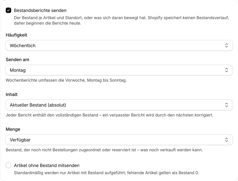 Bestandsbericht je Lieferant: Häufigkeit, Inhalt und Menge