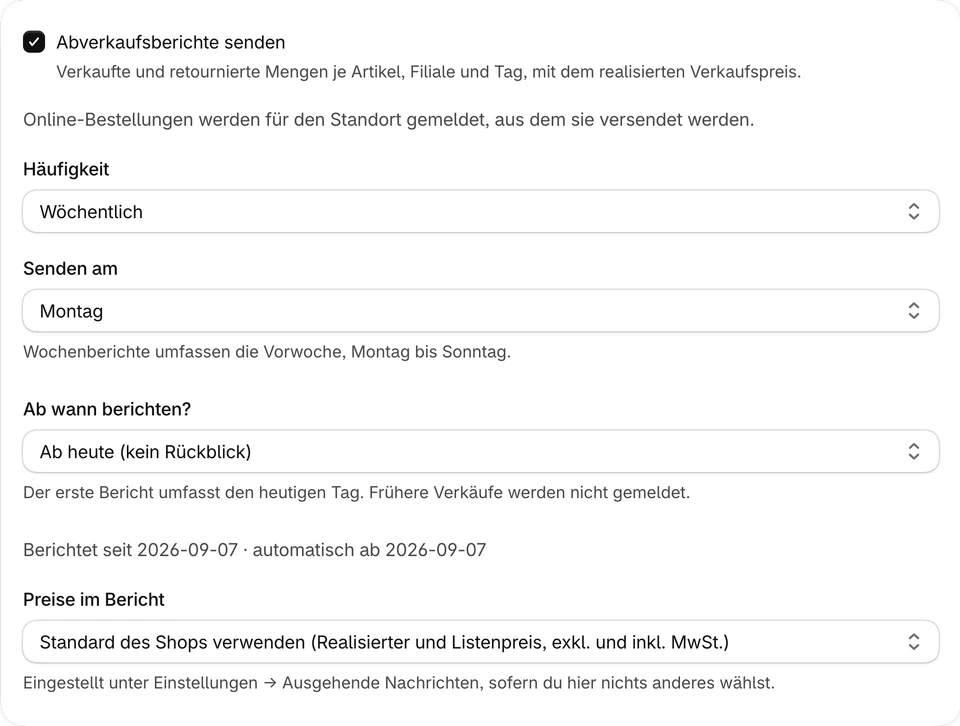 Verkaufsbericht je Lieferant: Häufigkeit und Versandtag